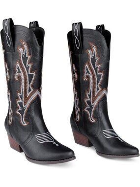 Women's Black Embroidered Boot Mid-calf Cowboy Boots Pointy Toe Western Boots